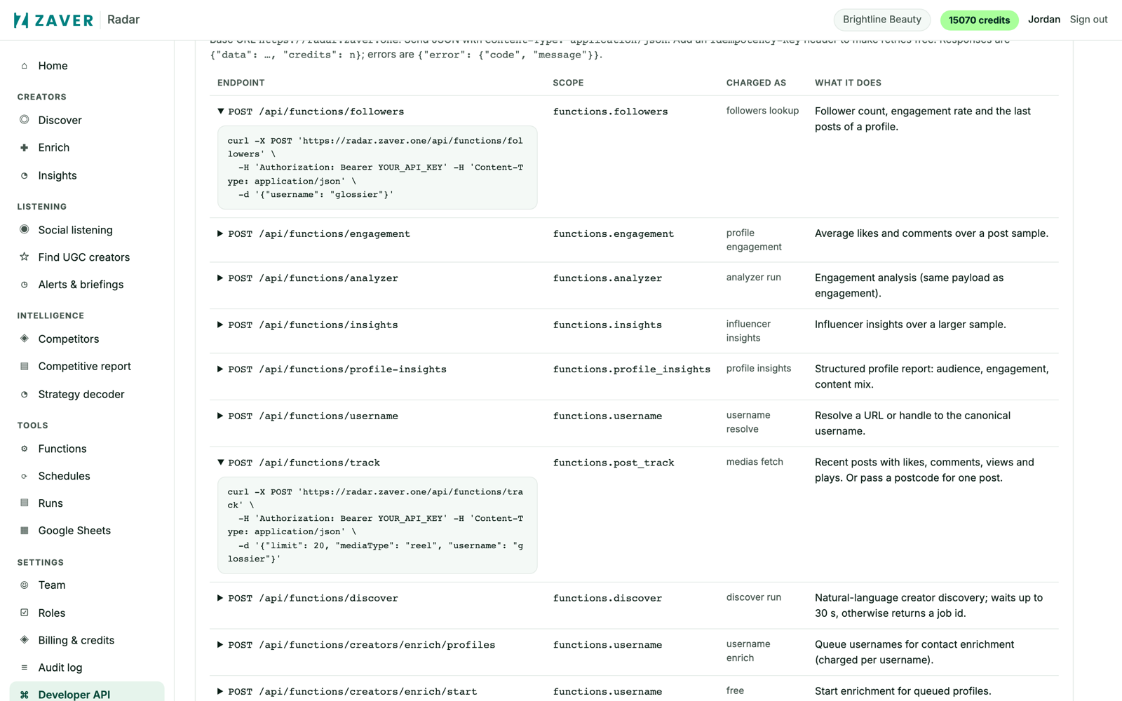Radar developer API page: endpoint reference with two expanded curl examples