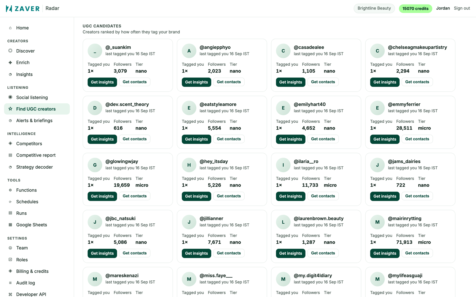 Radar Find UGC creators view, ranking accounts that tag a brand with sentiment