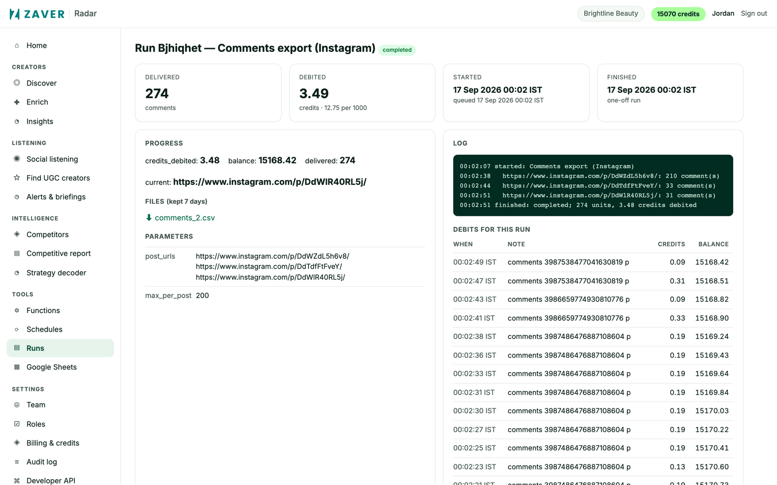 A finished export run with a live log and CSV