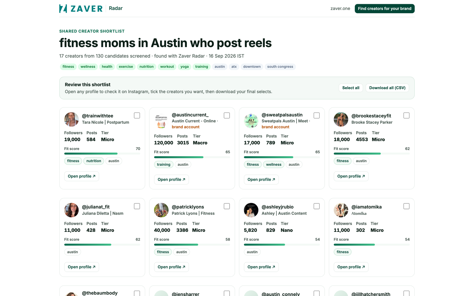 A public Radar shared shortlist on desktop and phone, with review checkboxes